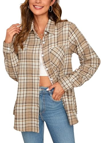 Stamain Women's Checked Shirts Flannel Plaid Shirt Long Sleeve Button Down Casual Classic Oversized Beige/White L