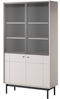 BETTSO - Vitrinenschrank - Glasvitrine - Wohnzimmer Schrank - 184 cm hoch, 104 cm breit - Bücherregal mit Türen, Highboard - Stilvolles geriffeltes Glas, hohe Beine - Vitrine Beige