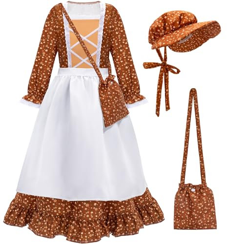 MELAND Victorian Costume Girl, World Book Day Maid Costume for Girls with Apron, Fancy Dress up for Girls Age 3-10 Year Old (Brown)