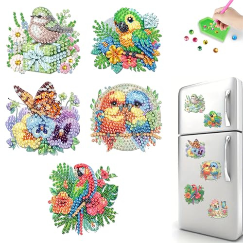 5 Pcs 5D DIY Fridge Magnet Diamond Painting Kits, Acrylic Diamond Art Magnets Decals for Beginner, Handmade Rhinestone Refrigerator Magnet, Diamond Fridge Magnet Crafts for Party Gift-01