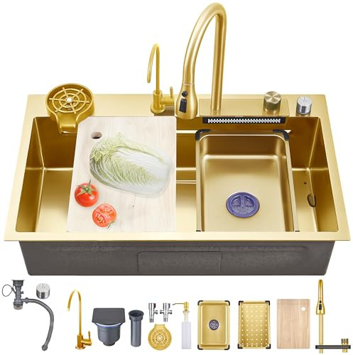 Ribanedy fregadero cascada multifuncional 68 x 45 cm, dorado, fregadero cocina 1 seno inoxidable con grifo rociador abatible, lavavasos y set de accesorios