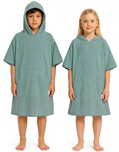 CalmyBEACH Leicht Frottee Badeponcho Kinder - Mädchen Jungen Baumwolle Poncho Handtuch Bademantel Badetuch Surf Strandponcho Kapuzenhandtuch 10-13 Jahre Jade