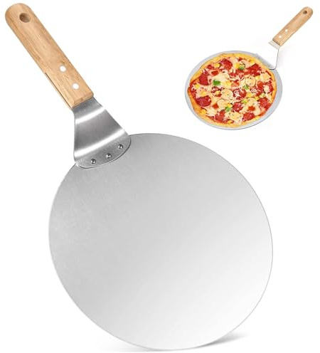 TFLPUO Pelle à pizza en bois - 25,4 cm - Pelle à pizza ronde - Avec poignée en bois - Pour pizza, pain, biscuits et gâteaux - Argenté