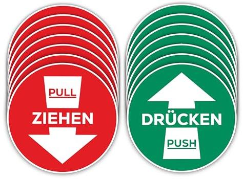 7x Drücken 7x Ziehen Aufkleber mit Ø 8cm - Sticker für Türe mit UV Schutz für Außenbereich und Innenbereich
