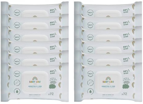 BABYLOU CARE | Lingettes à l'eau 12x72 sachets | 99% d'eau | Douces & apaisantes | Convient dès la naissance | Adaptées aux peaux sensibles | 99,7% d'ingrédients d'origine naturelle | Made in France