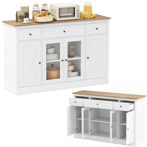KOMFOTTEU Buffet Cuisine, 2 Armoires à Portes & 3 Tiroirs, Meuble Rangement avec Kit Anti-basculement, Armoire de Stockage, Étagères réglables, pour Salle à Manger, Salon, 140 x 40 x 90 cm (Blanc)