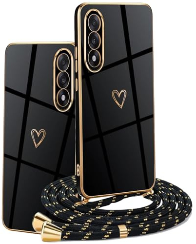 HomiTunky Handykette Hülle kompatibel mit OnePlus Nord 5 5G mit Band - Ultra dünn Kameraschutz Herz Love Design Galvanik TPU Silikon Schutzhülle Kordel zum Umhängen, Schwarz