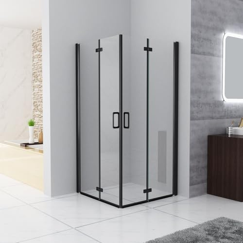MIQU Duschkabine Eckeinstieg 90x80 cm Falttür Duschwand mit Doppel Faltbar Duschtür Matt Schwarz Rahmen ESG Glas, Drehfalttür komplett Dusche Duschabtrennung Höhe 185cm, ohne Duschtasse