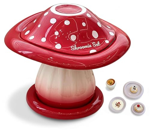 Pilz-Geschirr-Set (rot), 4-teiliges Keramik-Pilzschale, Teller, Tasse und Untertasse, skurrile Küchendekoration für Frühstück und Dessert, einzigartiges Einweihungsgeschenk für Pilz-Liebhaber