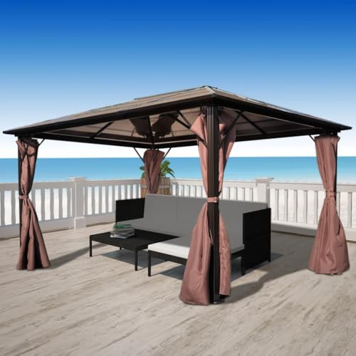 Pavillon mit Vorhängen Braun Aluminium 400 x 300 cm inklusive 4 Seitenwände aus UV-beständigem Material für Terrassenüberdachung und Sonnenschutz im Garten