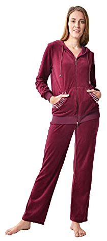 RAIKOU Damen Micro Velours Freizeitanzug Hausanzug mit Reißverschluss Nicki-Anzug Zweiteiliger Schlafanzug mit Strasssteinen (40/42, Brombeer)