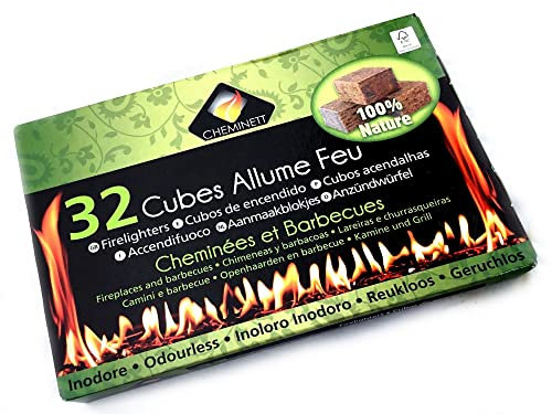Lot de 10 boites de cubes allume-feu pour cheminées | Barbecues feux de camp fours à bois poêle | Bois compressé cire végétale | 32 cubes par boite | Naturel | Kibros 4CALFx10