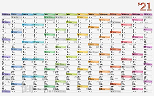 BRUNNEN 1070117001 Wandkalender/Plakatkalender Modell 701 17 DATAline bunt, 1 Seite = 14 Monate, 1060 x 666 mm, Papier, Kalendarium 2021, mit 4 Piekern