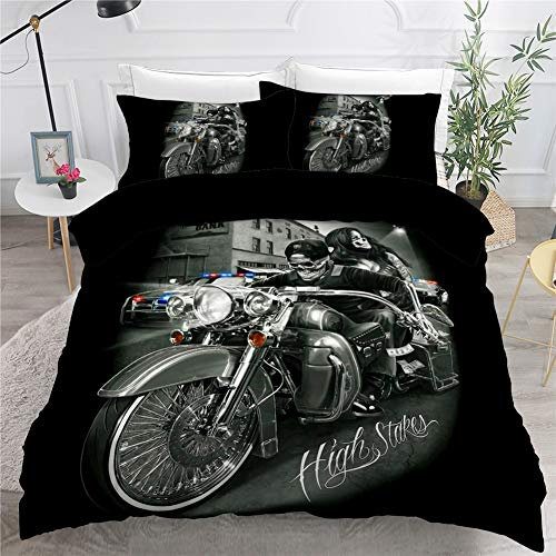 Timiany Bettwäsche Set Schädel & Rosen Bettbezug 135x200cm, Halloween Gotisch Totenkopf Hypoallergen Mikrofaser Bettbezüge Und 2 Kissenbezug 80x80cm (Motorrad,200x200+80x80)