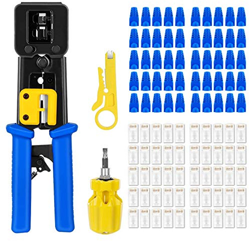 SILIVN EZ Rj45 Rj11 / 12 Crimping Tool, Crimp Tool Kit for Cat5 Cat5e Cat6,Professional Network Crimper Wire Connector Stripper Cutter, Computer Maintenance Lan Cable Pliers Tester Repair Set