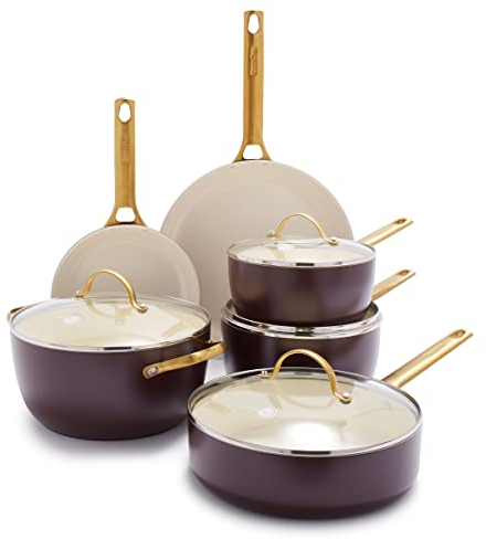 GreenPan Reserve Hard Anodized Healthy Ceramic Nonstick 10 Piece Cookware Pots and Pans Set, Gold Handle, PFAS-Free, Dishwasher Safe, Oven Safe, Merlot Purple