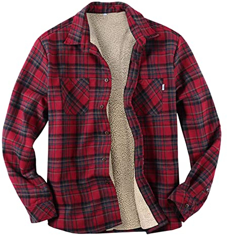 Take Idea Freizeithemden FüR Herren Kariert HolzfäLlerjacke Stehkragen Hemd GefüTtert Mit Flanell Outwear Freizeit Fracht Jacke Doppelte Brusttasche Buttoned Shirt, Wein, XL