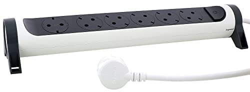 LEGRAND, Drehbare Steckdosenleiste, 6-fach Steckdose, Mehrfachsteckdose, Wand- oder Tischmontage, LED-Ein/Aus-Schalter, 3m Kabel, Ultraweiß/Dunkelgrau, 694539