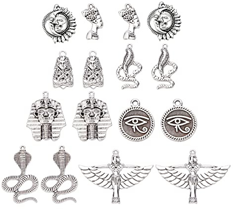 SUNNYCLUE 1 Box 16Stück 8 Stile Silber Ägyptische Charms Legierung Auge Des Horus Pharao Schlange Kobra Engel Pyramide Antike Flache Runde Anhänger Tibetischer Stil Für Schmuckherstellung DIY Zubehör