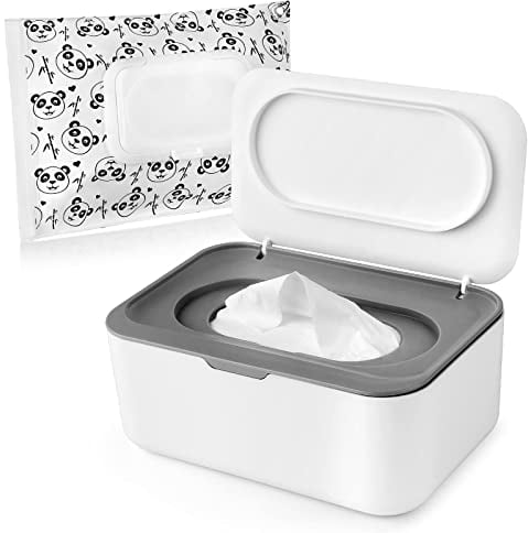 Wipes Holder, Wipes Dispenser with Lid, Pouch with Lid, Baby Wipes Case Keeps Wipes Fresh, Wipe Container Regular Storage Case Box(Grey+Panda)