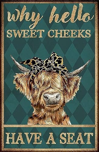 HOUVSSEN Cow Poster, Taurus Why Hello Sweet Cheeks Poster Vintage Metal Tin Sign Kitchen Bathroom Office Garage Bar Cafe Farm Cave Home Wall Decor Art Ideas Gift Tin Sign 6 X 8 Inch,
