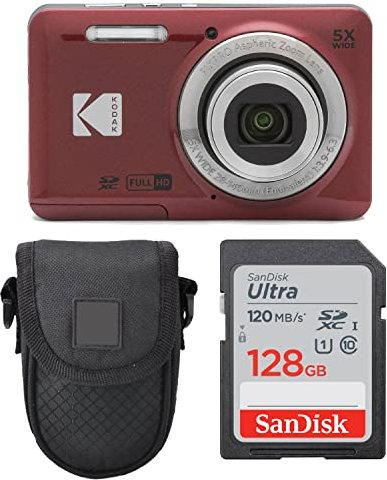 Kodak PIXPRO FZ55 Appareil photo numérique (Rouge) + étui pour appareil photo Point & Shoot + Carte mémoire Sandisk 128 Go SDXC
