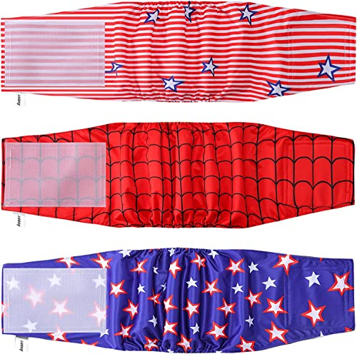Avont 3 Stück Rüde Wiederverwendbare Hundewindeln, Bauchband Hund für Inkontinenz Hund, waschbare und umweltfreundliche für Hund Rüde -Flagge/Stern/Spider-Man