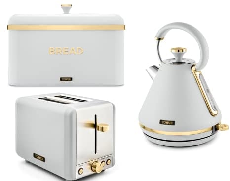 Tower Cavaletto Pyramid Kettle, 2 Slice Toaster & Bread Bin in Optic White with Brushed Champagne Gold Accents. Contemporary Matching Kitchen Set in White
