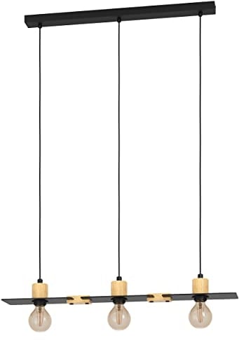 EGLO Hängelampe Bramerton, Pendelleuchte Esstisch 3-flammig, Esszimmerlampe aus Holz in Natur und Metall in Schwarz, FSCM70HB, Hängeleuchte mit E27 Fassung