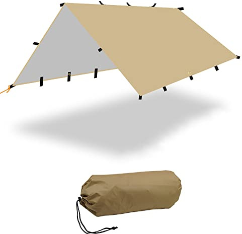 SLDAGe Zeltplane Wasserdicht, Camping Tarp Beige, Ultraleichte Multifunktionale UV-Schutzplane UPF50+, Tragbare Überlebenshelter mit Silberbeschichtung für Hängematte, Outdoor Aktivitäten,3x3m