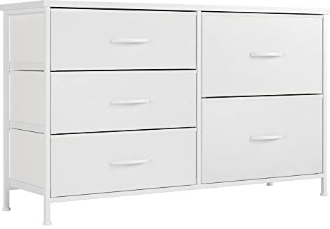 Nicehill White Dresser for Bedroom with 5 Drawers, Small Dresser for Kids' Bedroom, Closet, Wide Chest of Drawers with Storage Drawers, Wooden Top, Steel Frame, Modern, White, 30*100*61