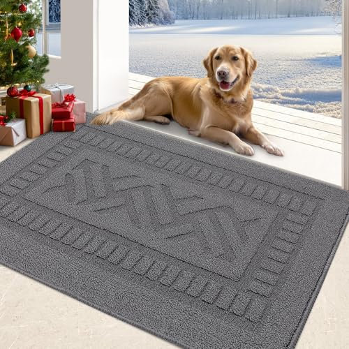 FONEYI Indoor Doormat, Front Back Door Mat Rubber Backing Non Slip Door Mats, 32x40 Low-Profile Absorbent Resist Dirt Entryway Doormat Inside Floor Mats Entrance Washable, Entry Doormats, Grey