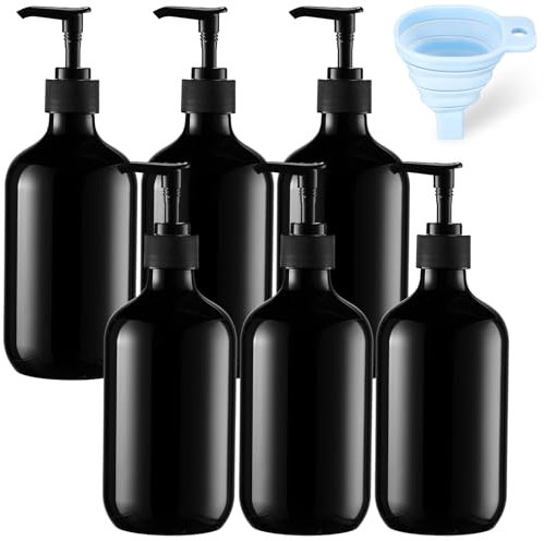 Sliner 6 Pcs Plastic Shampoo and Conditioner Dispenser Bottles 16.9 oz Shower Bottles with Pump 12 Pcs Labels and 1 Pcs Silicone Funnel Reusable Hand Soap Containers for Bathroom Shower(Black)