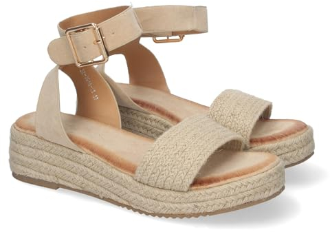 82363-Sandalias de Yute, para Mujer, Elegantes y Comodas con Tiras Brillantes en la Pala, Hebilla Ajustable al Tobillo, Cualquier Ocasion.. Talla 39 Beige