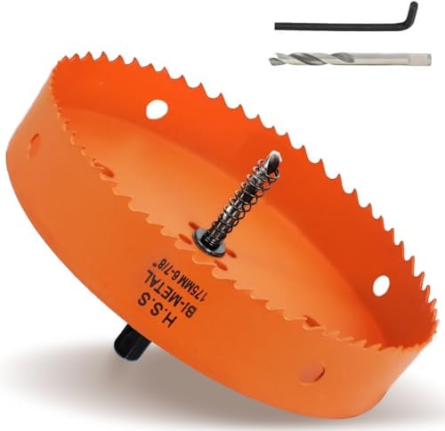 175mm Hole Saw, 6-7/8'' HSS Bi-Metal Hole Cutter with Arbor, Cutting Depth 32 mm, Hole Saw Drill Bit for Cutting Wood, Plywood, Plastic, Drywall, Thin Metal Sheets (with 1 spare drill)