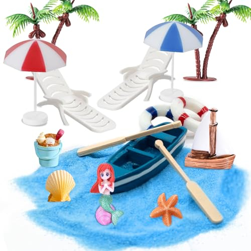 MOSNOW 15 PCS Strand Deko Miniatur Set Miniatur Strandliege,Kleine Palme Deko Accessoires, geeignet für DIY Strand-mikrolandschaft,Zen Garden Decoration.