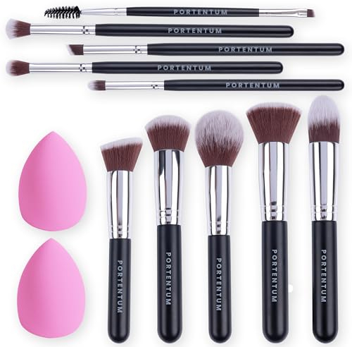 PORTENTUM Brochas de Maquillaje profesional - Set 10+2 Piezas - Sheglam para Base Polvos Colorete Contorno, con Esponjas