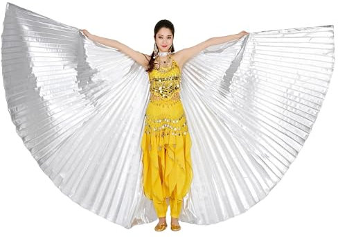 MUNAFIE Unisex Isis Flügel für Erwachsene Bauchtanz Flügel Umhang mit Stöcke Halloween Kostüm Bauchtanz Kostüm Damen für Karneval Cosplay Party Silber