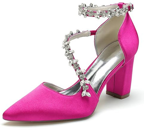Hochzeitsschuhe Damen Spangenpumps Satin Strass Braut Blockabsatz Spitz Abendkleidung Pumps 8.5Cm,Rose red,39 EU