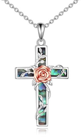 YFN Rose Kreuz Halskette Sterling Silber Blume Kreuz Anhänger Abalone Shell Schmuck Religiöse Christliche Taufe Geschenke für Sie Damen Herren