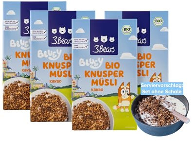 3Bears Bluey Bio Knuspermüsli – Kakao | 4x325 g veganes Müsli für Kinder mit Hafer-Vollkornflocken & Kakao | Ohne Zusatzstoffe und mit der Süße aus Fruchtzutaten
