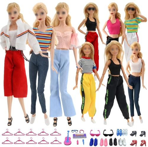 Ropa y Accesorios para Muñecas Compatible con Barbie Ropa, Incluye Moda 6 Top 6 Pantalones 10 Perchas 6 Pares de Zapatos Casual 6 Accesorios Musicales 1 Vaso Cool al Azar para Muñecas de 11.5 pulgadas
