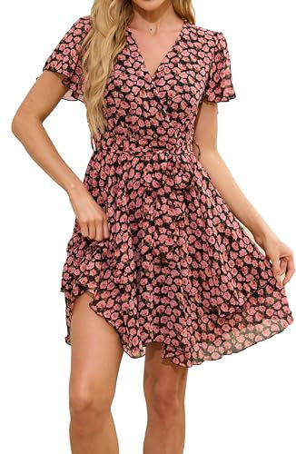 Jiraewh Damen Chiffon Kurz Kleid V-Ausschnitt Kurzarm Sommerkleid Rose Blume Elegant Rüschen Minikleid Casual Swing Skater Kleid Hohe Taille Partykleid Wickelkleid mit Gürtel (5086-RD Rose L