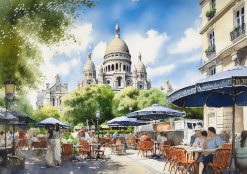 CALVENDO Poster 42,0 x 29,7 cm Querformat Café auf dem Montmartre mit Basilika Sacré Coeur | Bilder, Kunstdruck, Wandbild, Wanddeko, Prints ohne Rahmen