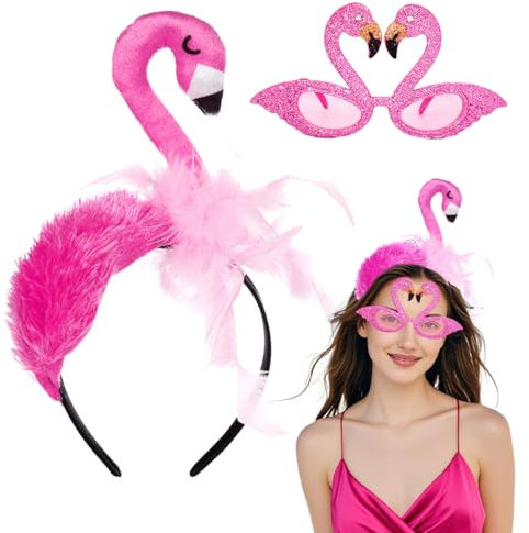 MorLuks Flamingo Kostüm Damen, Flamingo Haarreif Flamingo Brille Hawaii Haarschmuck, Flamingo Stirnband Haarband Kopfschmuck Accessoire für Damen Cosplay Maskerade Karneval Kostüm