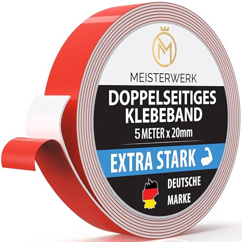 MEISTERWERK Doppelseitiges Klebeband ohne Bohren - [EXTRA STARK] - Universelles Montageband I Doppelseitiges Klebeband stark I Doppelklebeband (5m x 20mm)