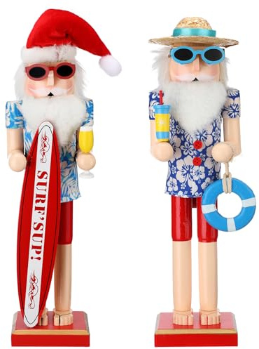 RattanView 38,1 cm großer Nussknacker aus Holz, Sommer, Hawaii, Surfer, Weihnachtsmann, Nussknacker-Figuren, groß, Strand, Weihnachten, Tischdekoration, Festival-Regale, Dekorationen