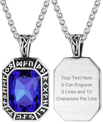 ChainsHouse Kette mit Gravur Heren Halskette Männer Onyx Stein Halskette mit Wikinger Rune Anhänger für Herren Edelstahl Halskette mit Saphir Edelstein Rune Kettenanhänger für Halloween