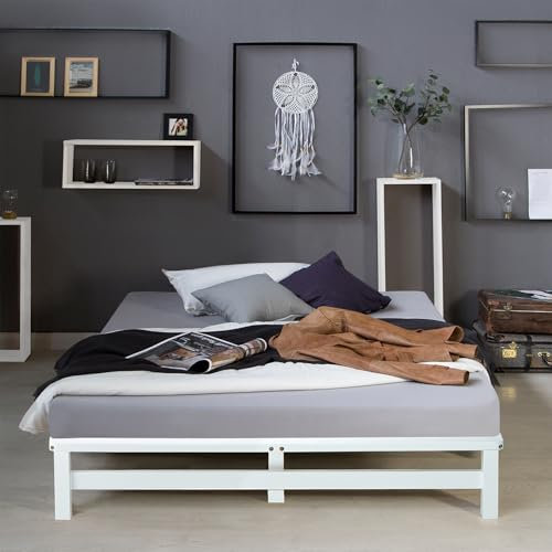Homestyle4u Holzbett 140x200 Weiß Doppelbett mit Matratze Lattenrost Bett Bettgestell Kiefer Massivholzbett Palettenbett