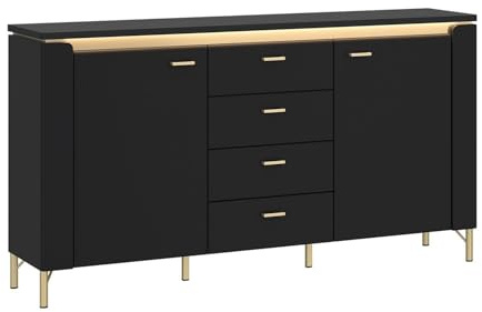 Generisch Sideboard - 155 x 87 cm - 2 Türen - 4 Schubladen - Goldgelb - Schwarz matt